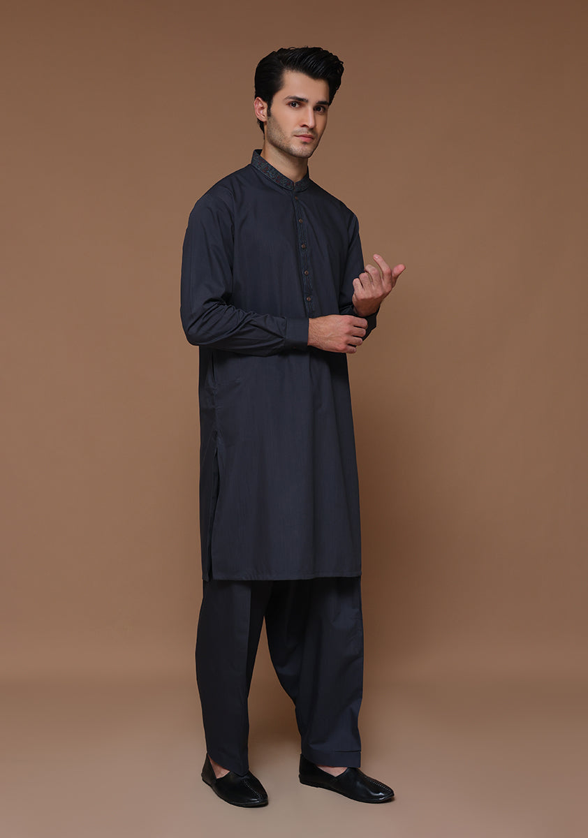 Poly Viscose Maluki Ebony Slim Fit Embroidered Suit