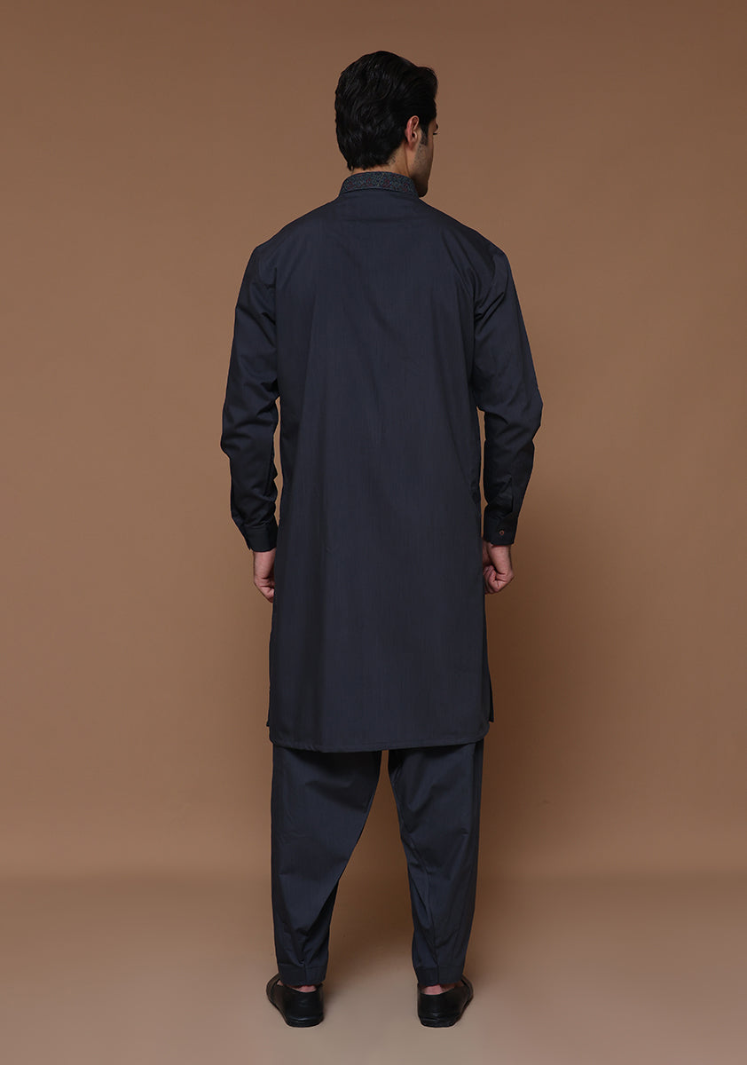 Poly Viscose Maluki Ebony Slim Fit Embroidered Suit