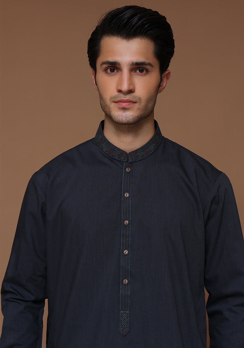 Poly Viscose Maluki Ebony Slim Fit Embroidered Suit