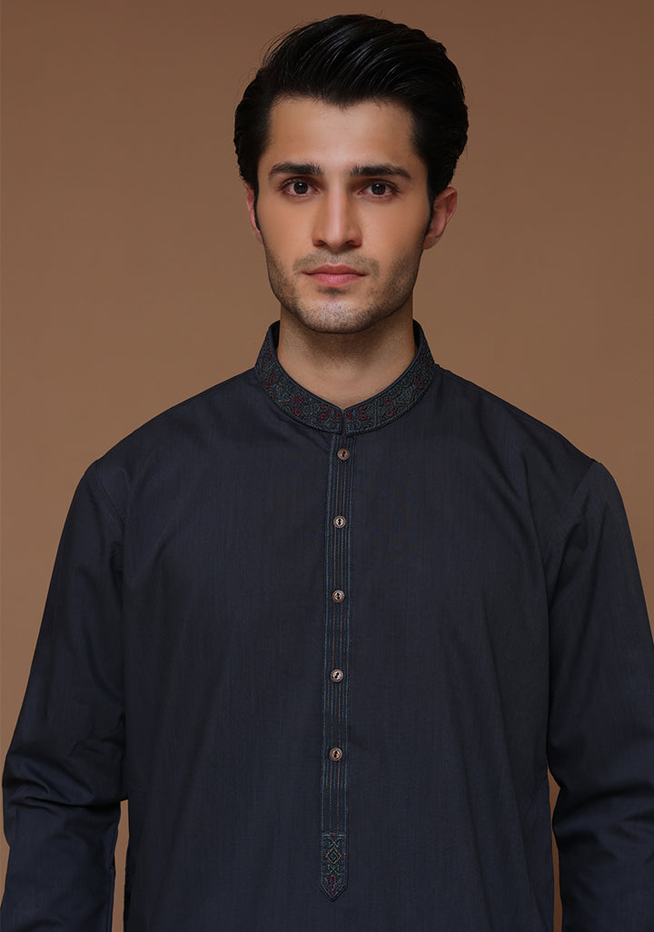 Poly Viscose Maluki Ebony Slim Fit Embroidered Suit