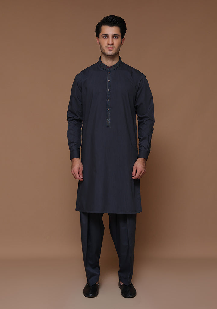 Poly Viscose Maluki Ebony Slim Fit Embroidered Suit