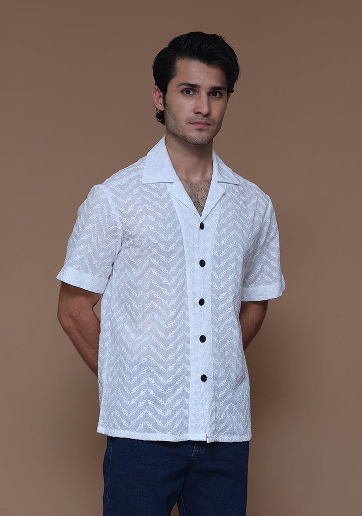 Schiffli Cotton Cloud Dancer Cuban Shirt