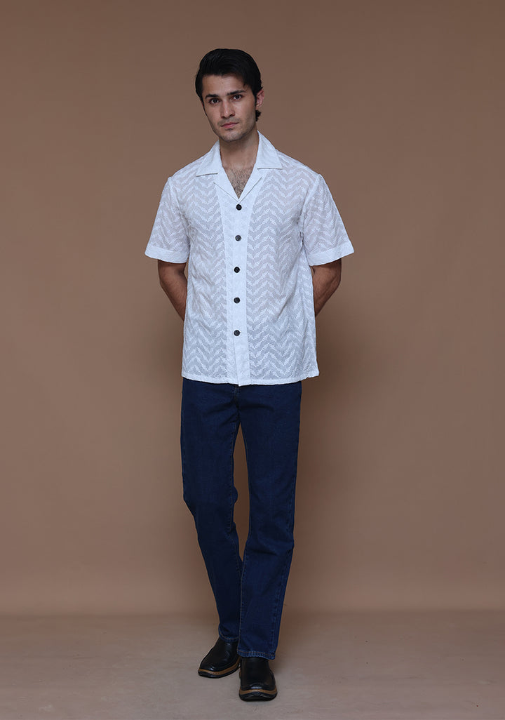 Schiffli Cotton Cloud Dancer Cuban Shirt
