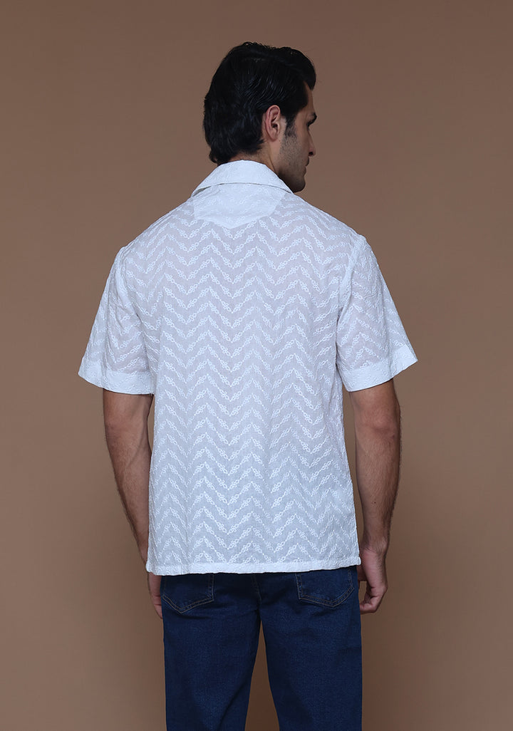 Schiffli Cotton Cloud Dancer Cuban Shirt