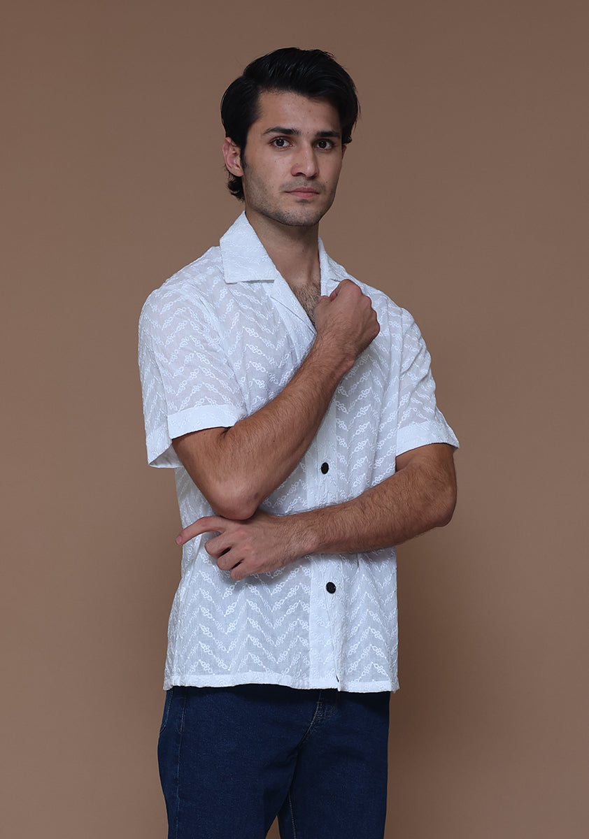 Schiffli Cotton Cloud Dancer Cuban Shirt
