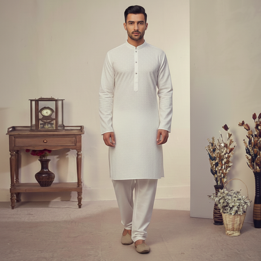 Basic Schiffli Cotton Cloud Dancer Slim Fit Kurta