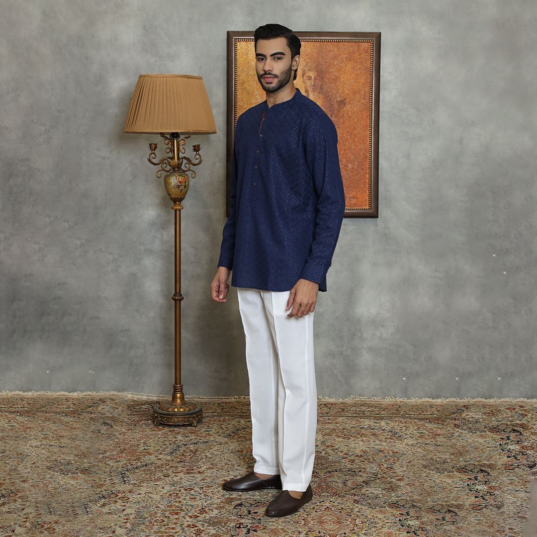 Basic Schiffli Cotton Navy Blue Kurta