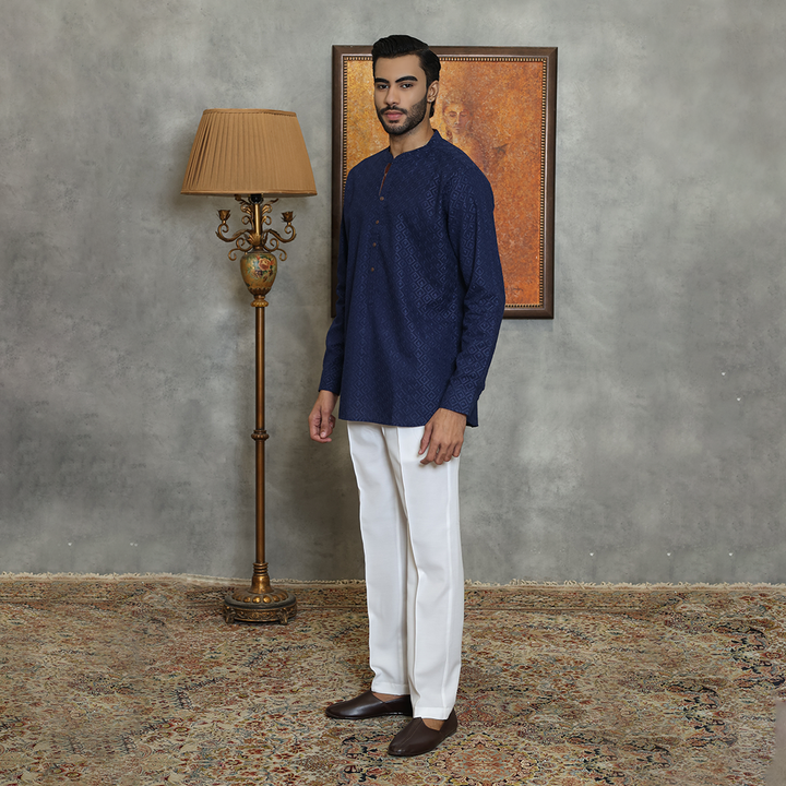 Basic Schiffli Cotton Navy Blue Kurta