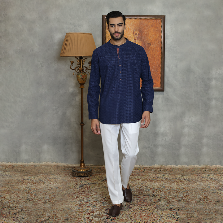 Basic Schiffli Cotton Navy Blue Kurta