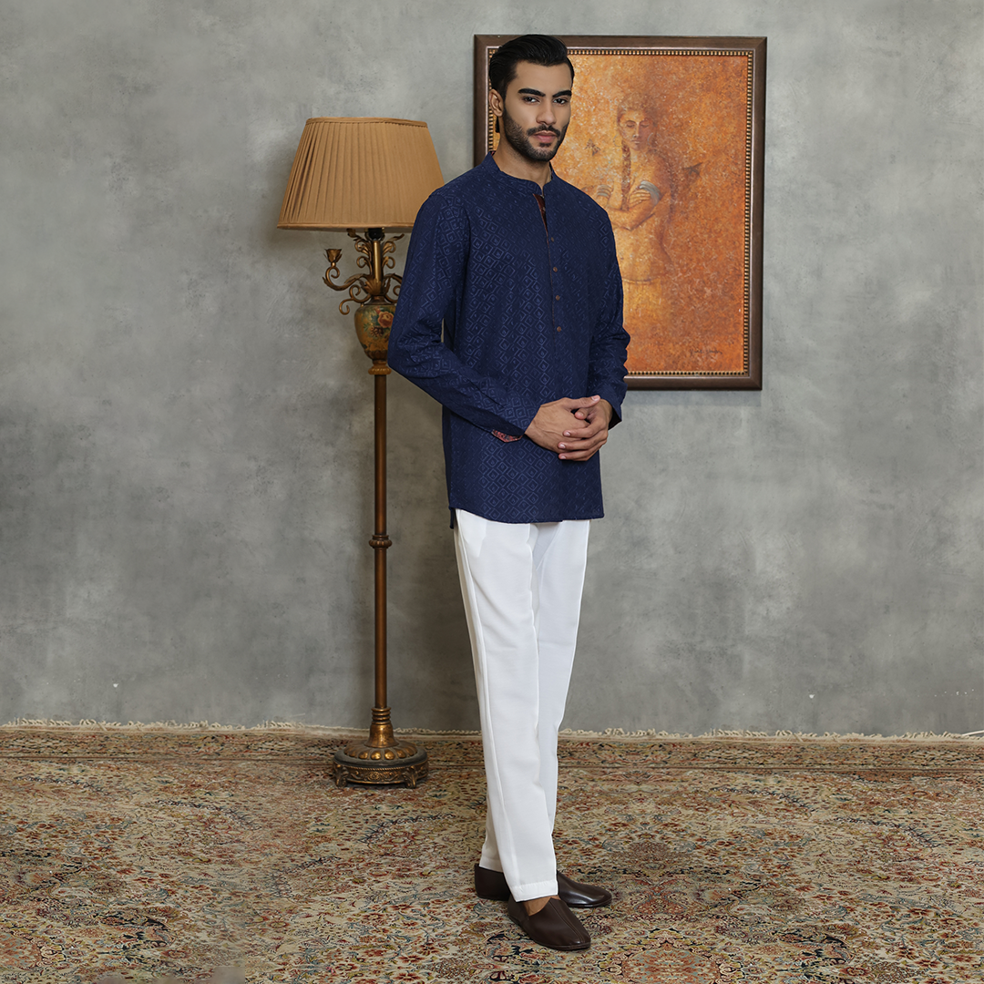 Basic Schiffli Cotton Navy Blue Kurta