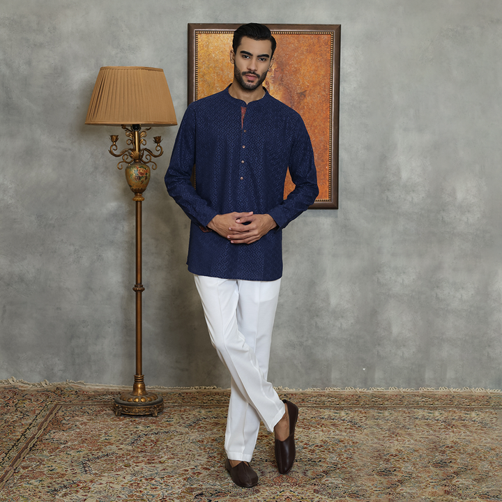 Basic Schiffli Cotton Navy Blue Kurta