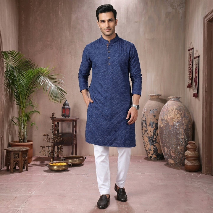 Basic Schiffli Cotton Navy Blue Slim Fit Kurta