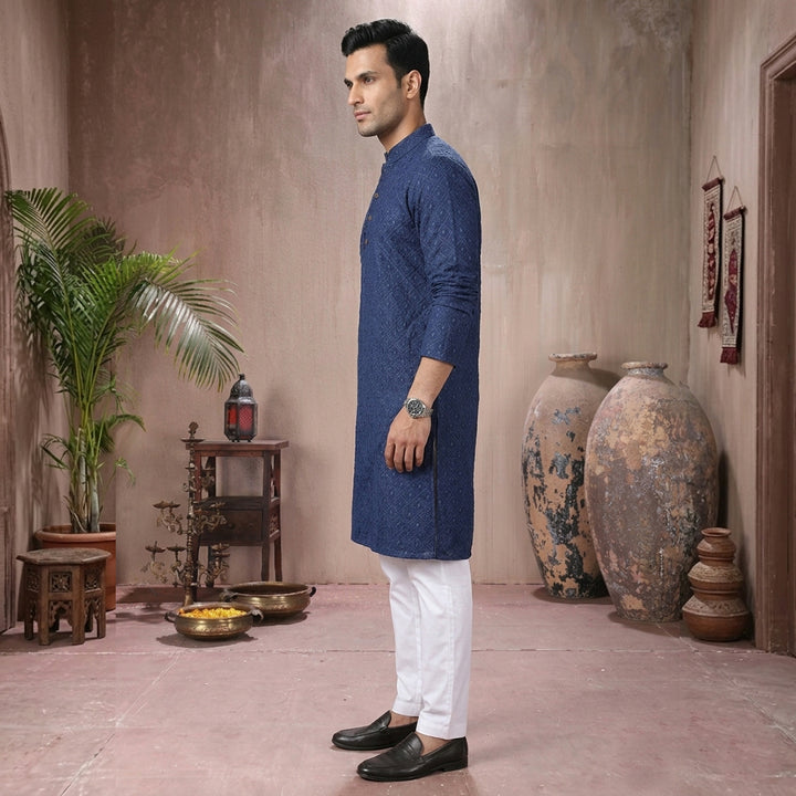 Basic Schiffli Cotton Navy Blue Slim Fit Kurta