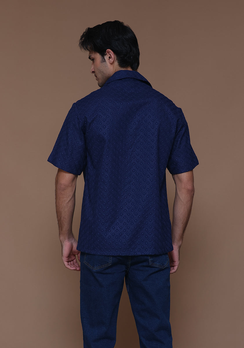 Schiffli Cotton Navy Peony Cuban Shirt