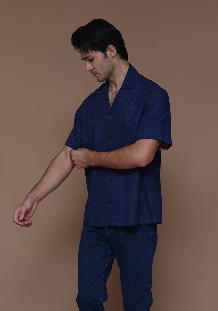 Schiffli Cotton Navy Peony Cuban Shirt