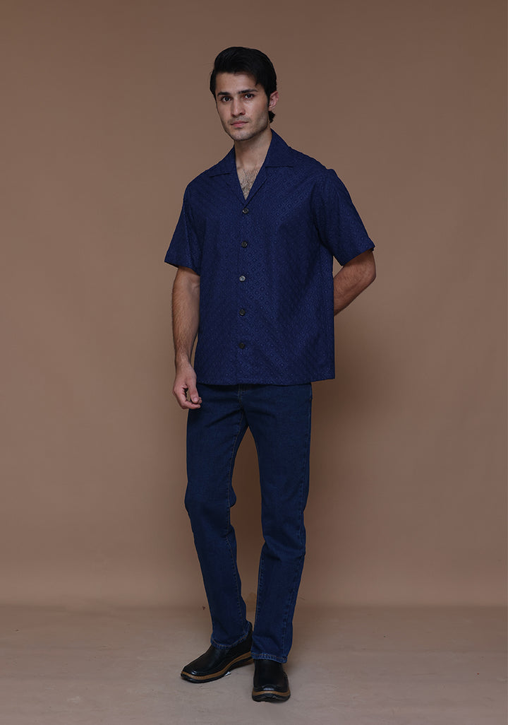 Schiffli Cotton Navy Peony Cuban Shirt