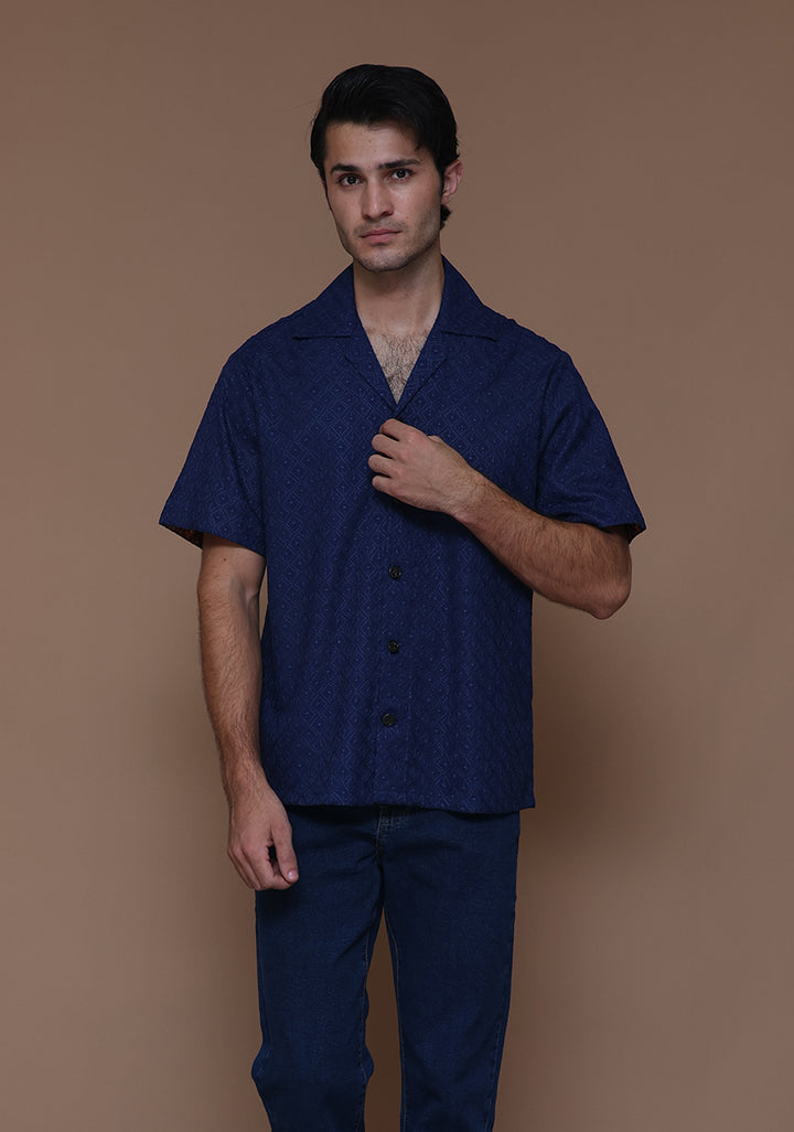 Schiffli Cotton Navy Peony Cuban Shirt