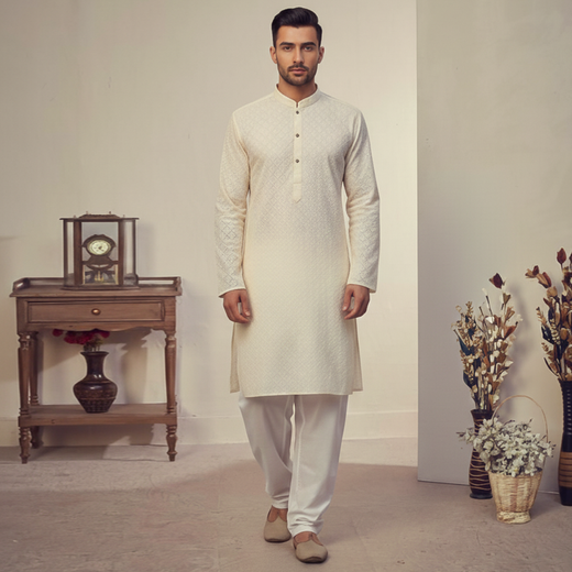 Basic Schiffli Cotton Vanilla Ice Slim Fit Kurta