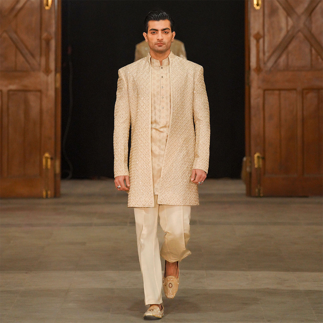 Beige Raw Silk Cut-Dana Open Front Sherwani