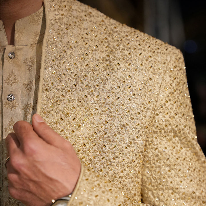Beige Raw Silk Cut-Dana Open Front Sherwani