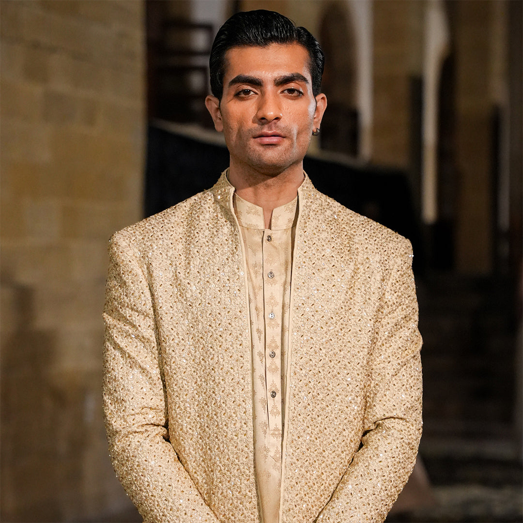 Beige Raw Silk Cut-Dana Open Front Sherwani