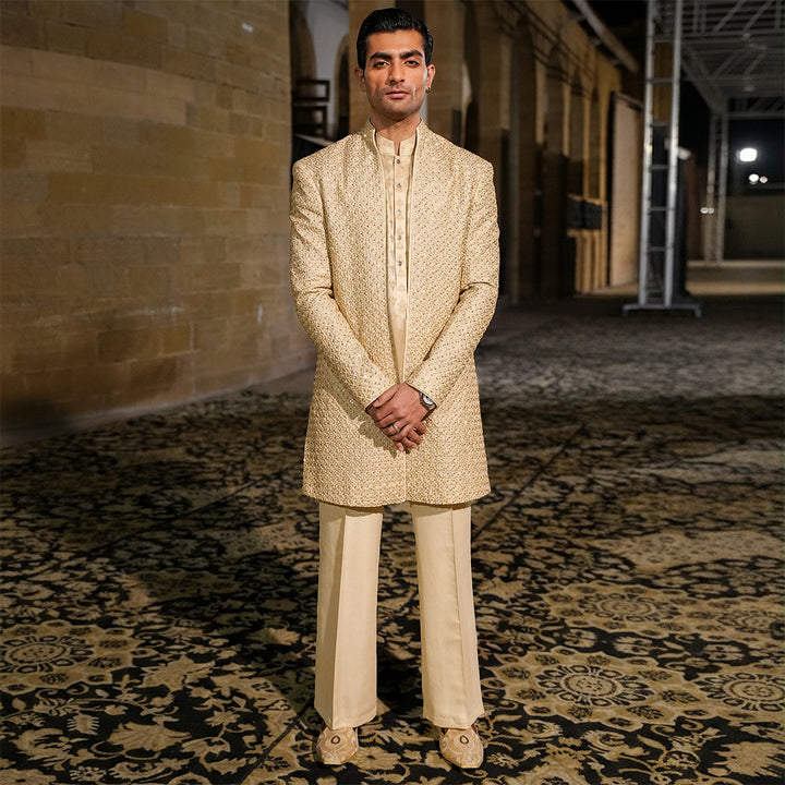 Beige Raw Silk Cut-Dana Open Front Sherwani