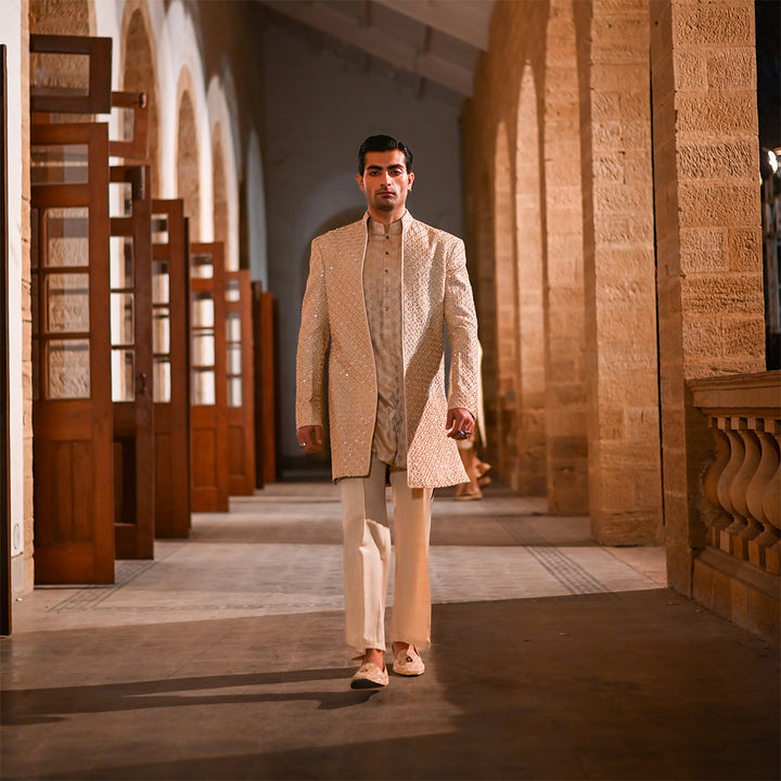 Beige Raw Silk Cut-Dana Open Front Sherwani