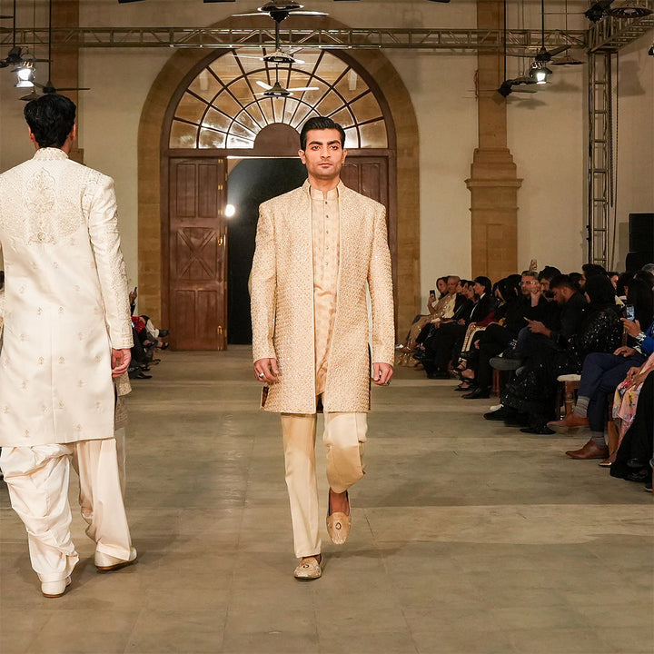 Beige Raw Silk Cut-Dana Open Front Sherwani