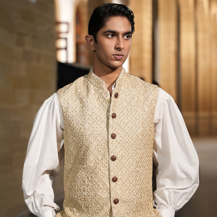Beige Raw Silk Embroidered Waistcoat Paired with Cotton silk balloon Sleeves Top