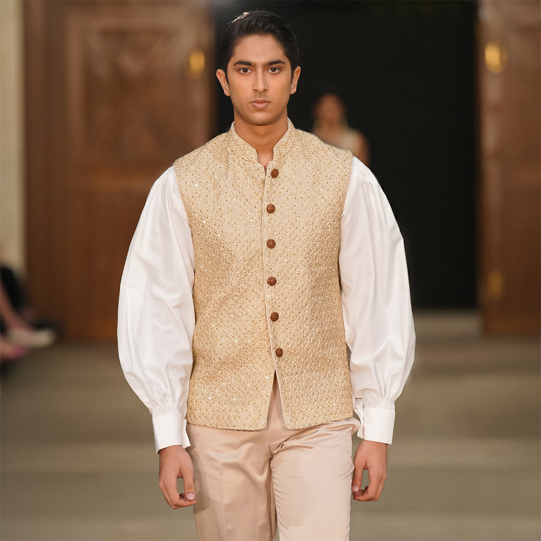 Beige Raw Silk Embroidered Waistcoat Paired with Cotton silk balloon Sleeves Top