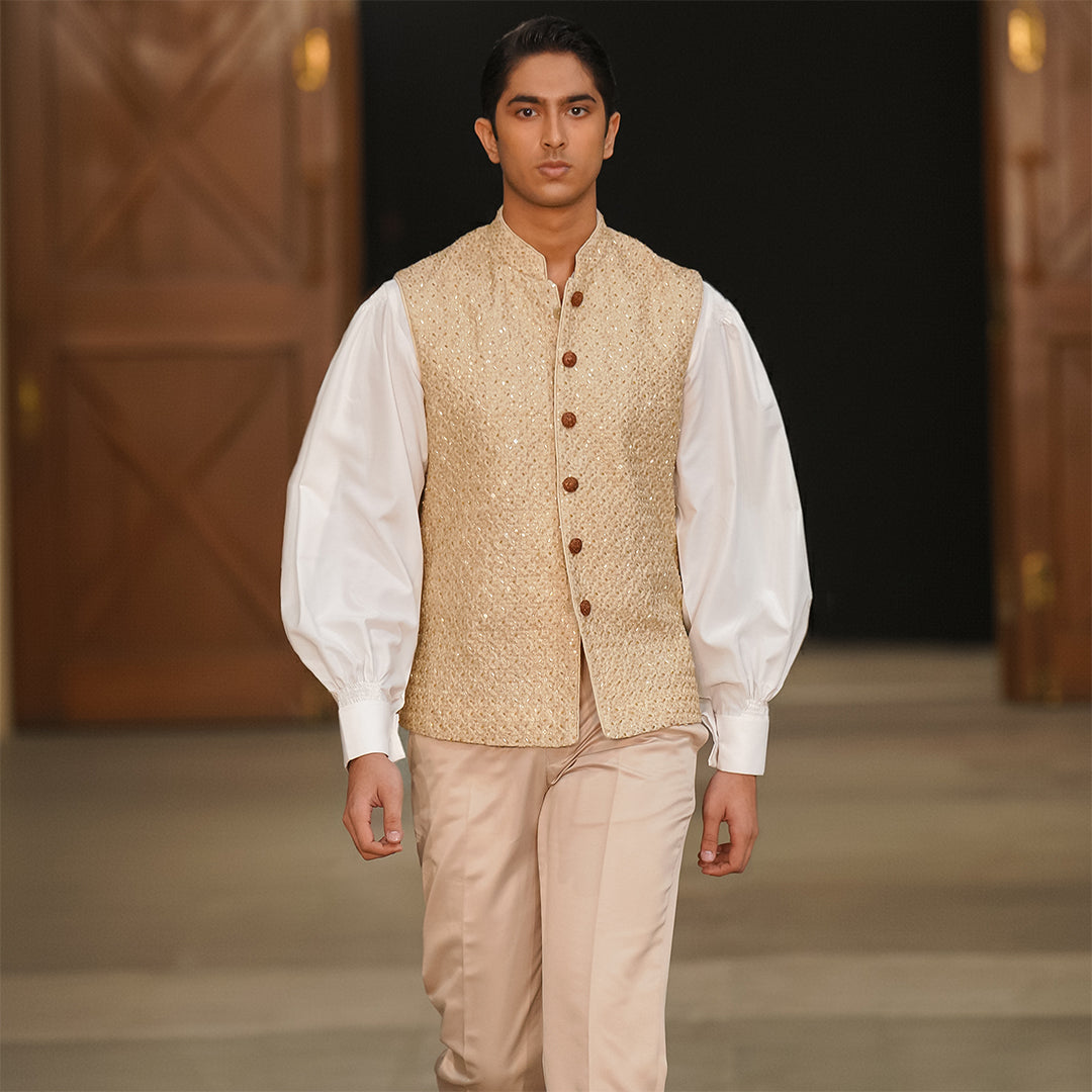 Beige Raw Silk Embroidered Waistcoat Paired with Cotton silk balloon Sleeves Top