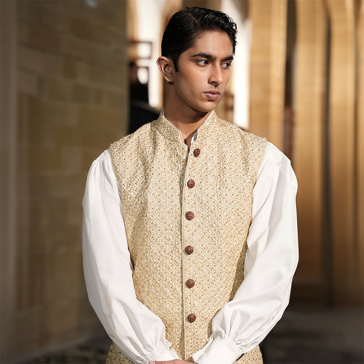 Beige Raw Silk Embroidered Waistcoat Paired with Cotton silk balloon Sleeves Top