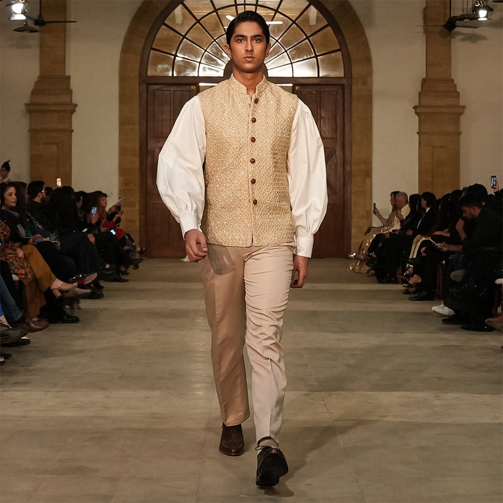 Beige Raw Silk Embroidered Waistcoat Paired with Cotton silk balloon Sleeves Top