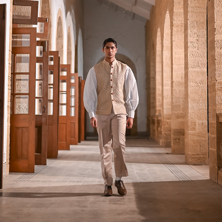 Beige Raw Silk Embroidered Waistcoat Paired with Cotton silk balloon Sleeves Top