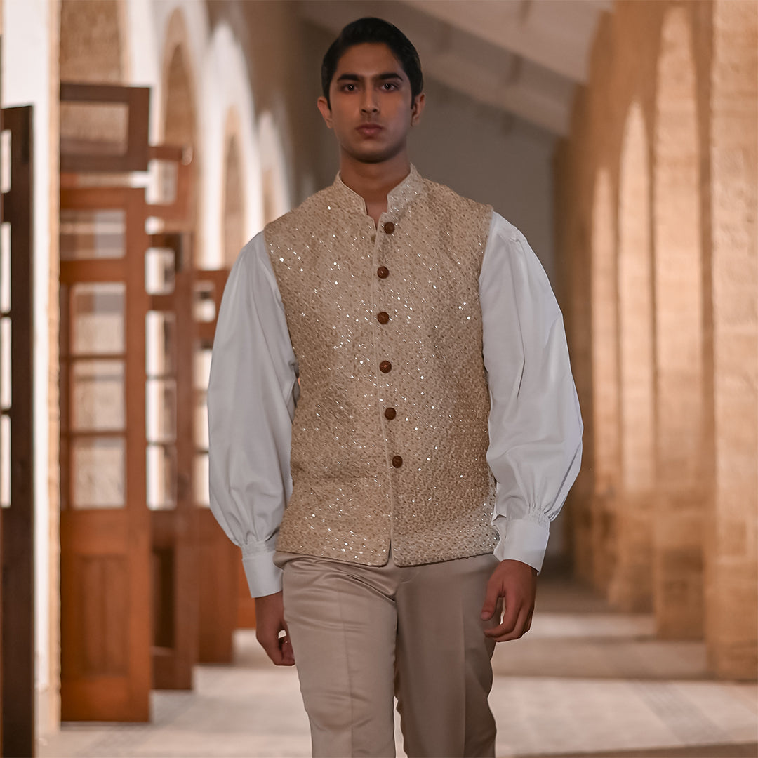 Beige Raw Silk Embroidered Waistcoat Paired with Cotton silk balloon Sleeves Top