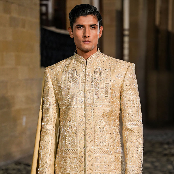 Beige Zari Hand Embroidered Sherwani WithRaw Silk inner suit