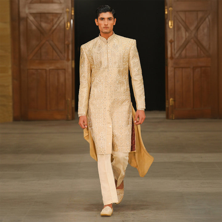 Beige Zari Hand Embroidered Sherwani WithRaw Silk inner suit