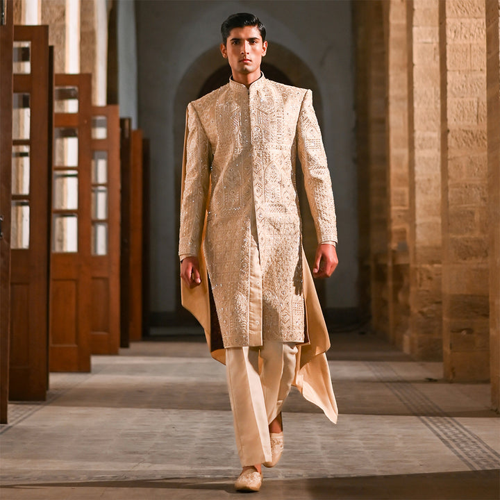 Beige Zari Hand Embroidered Sherwani WithRaw Silk inner suit
