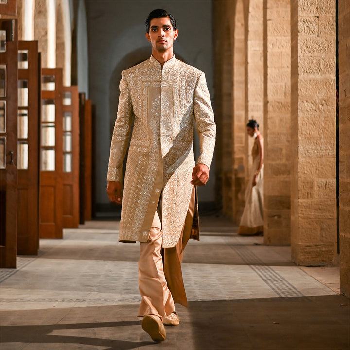 Beige Zari Machine-Embroidered Sherwani