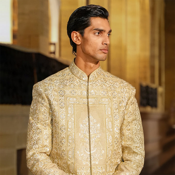 Beige Zari Machine-Embroidered Sherwani
