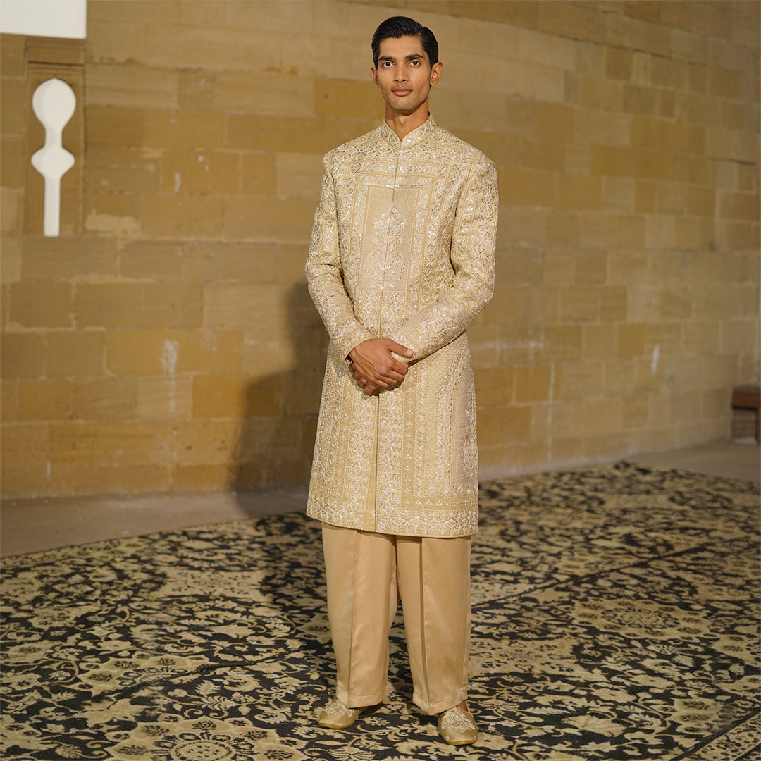 Beige Zari Machine-Embroidered Sherwani
