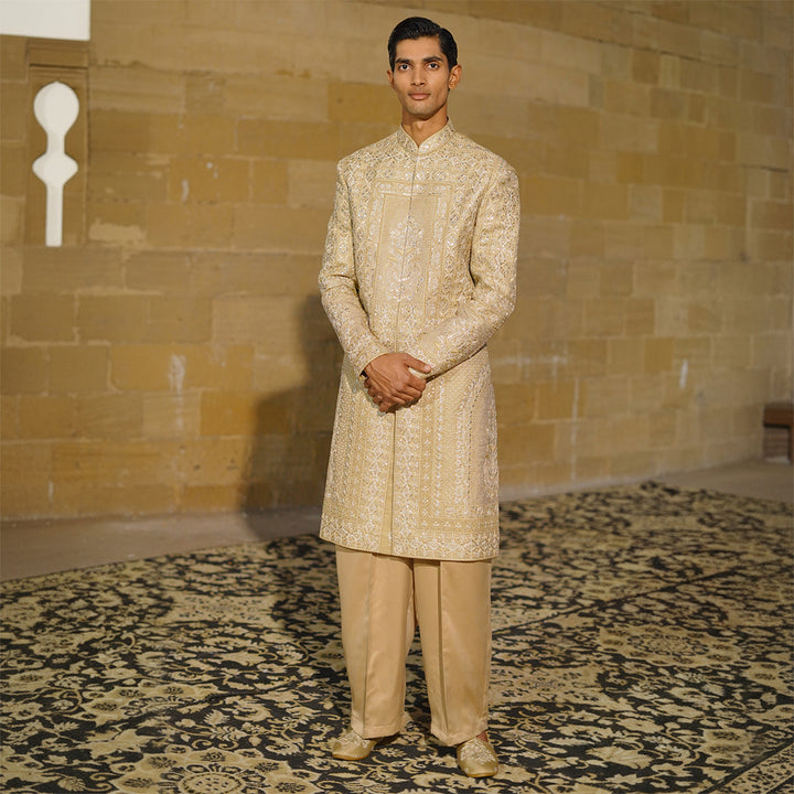Beige Zari Machine-Embroidered Sherwani
