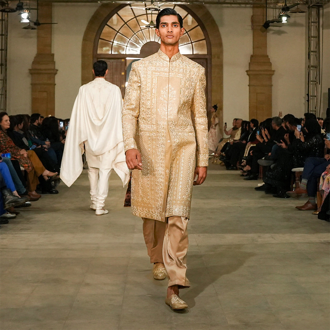 Beige Zari Machine-Embroidered Sherwani