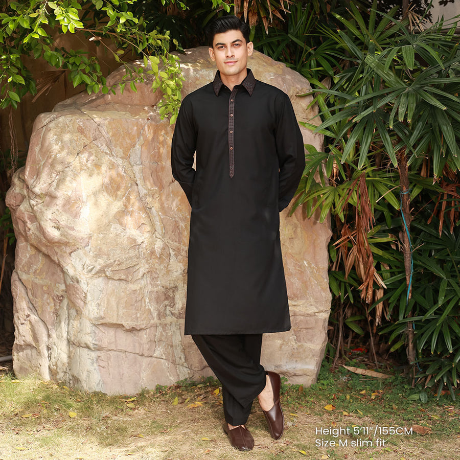 Slim Fit Emb Shirt Collar Suit
