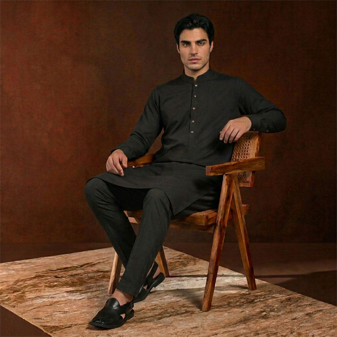 Slim Fit Black Band Collar Emb Kurta Pajama