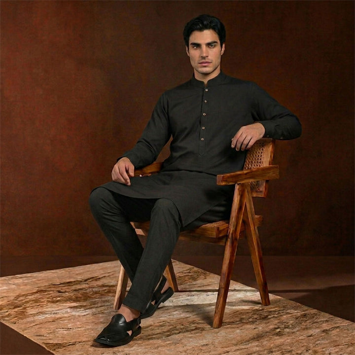 Slim Fit Black Band Collar Emb Kurta Pajama