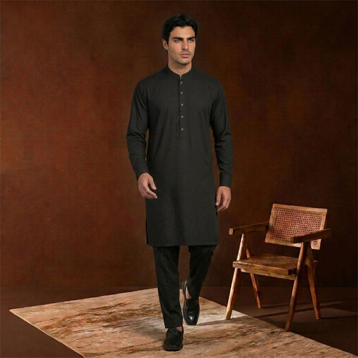Slim Fit Black Band Collar Emb Kurta Pajama