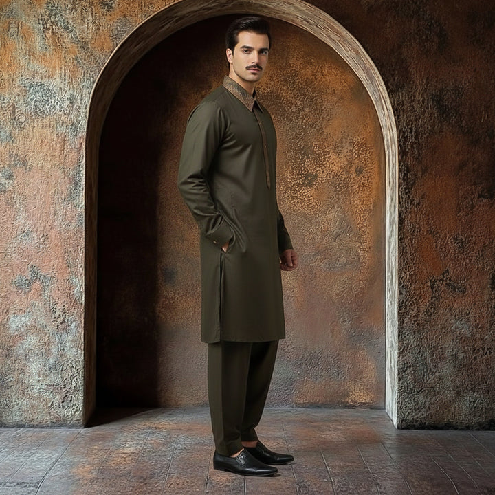 Poly Viscose Black Olive Classic Fit Embroidered Suit