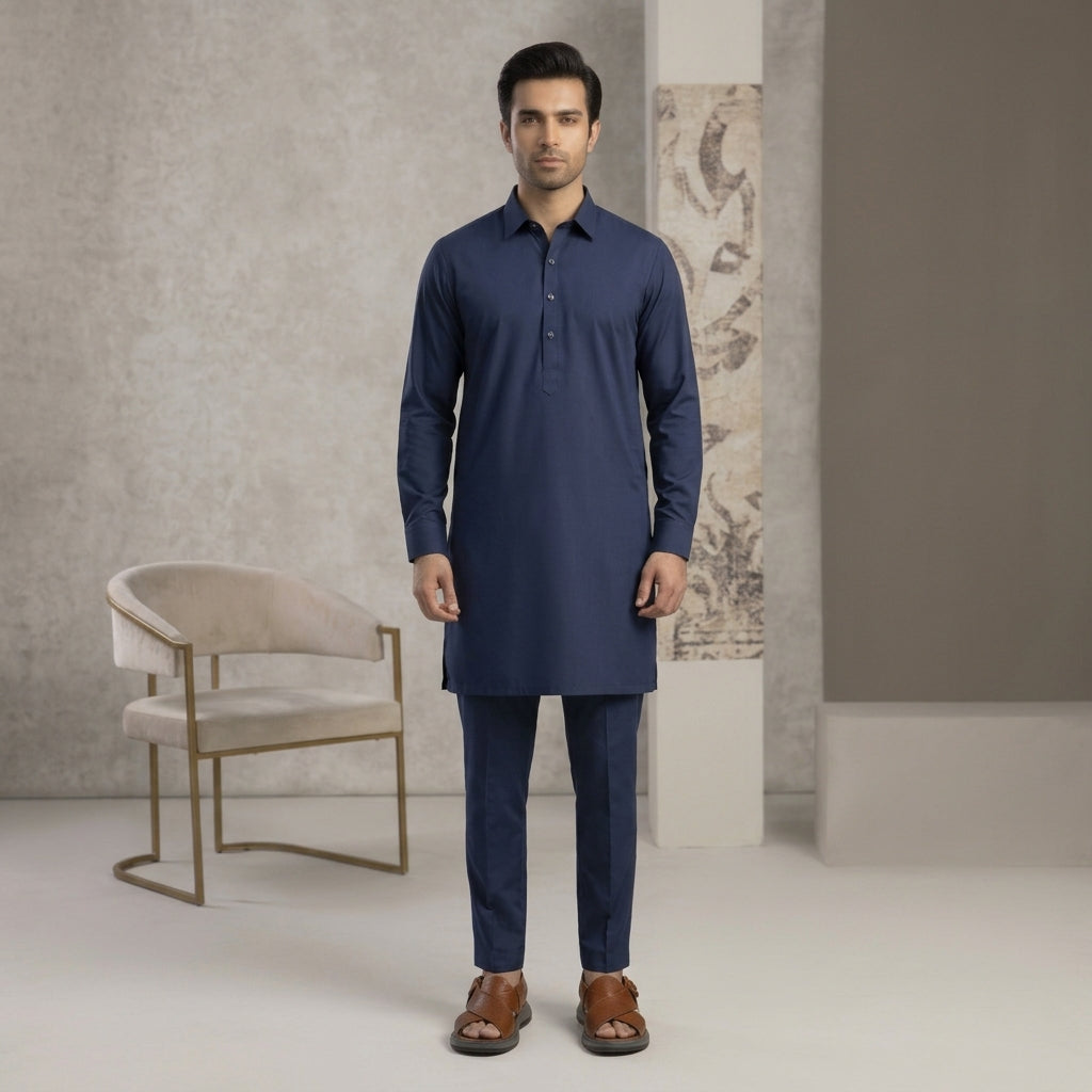 Slim Fit Shirt Collar Plain Kurta Pajama