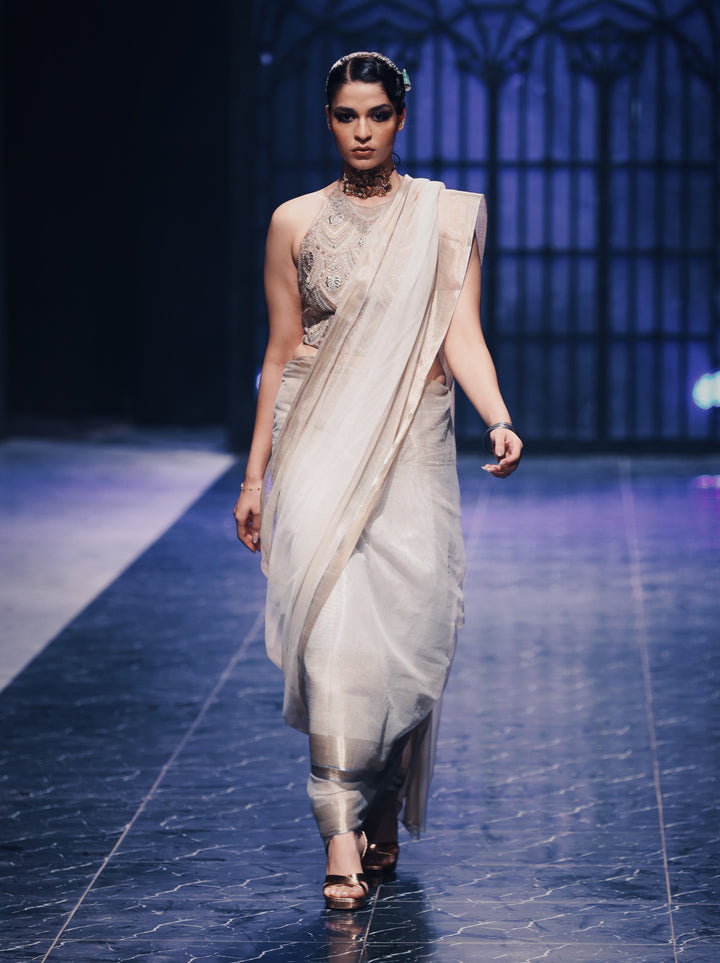 Gold Embroidered Halter Top with Net Sari